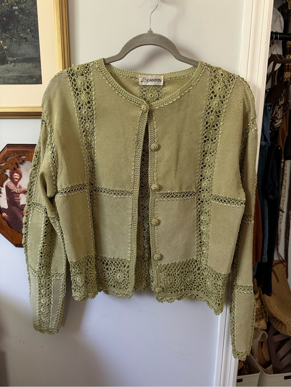 Gantos Olive Green Crochet Panel Suede Jacket Vintage